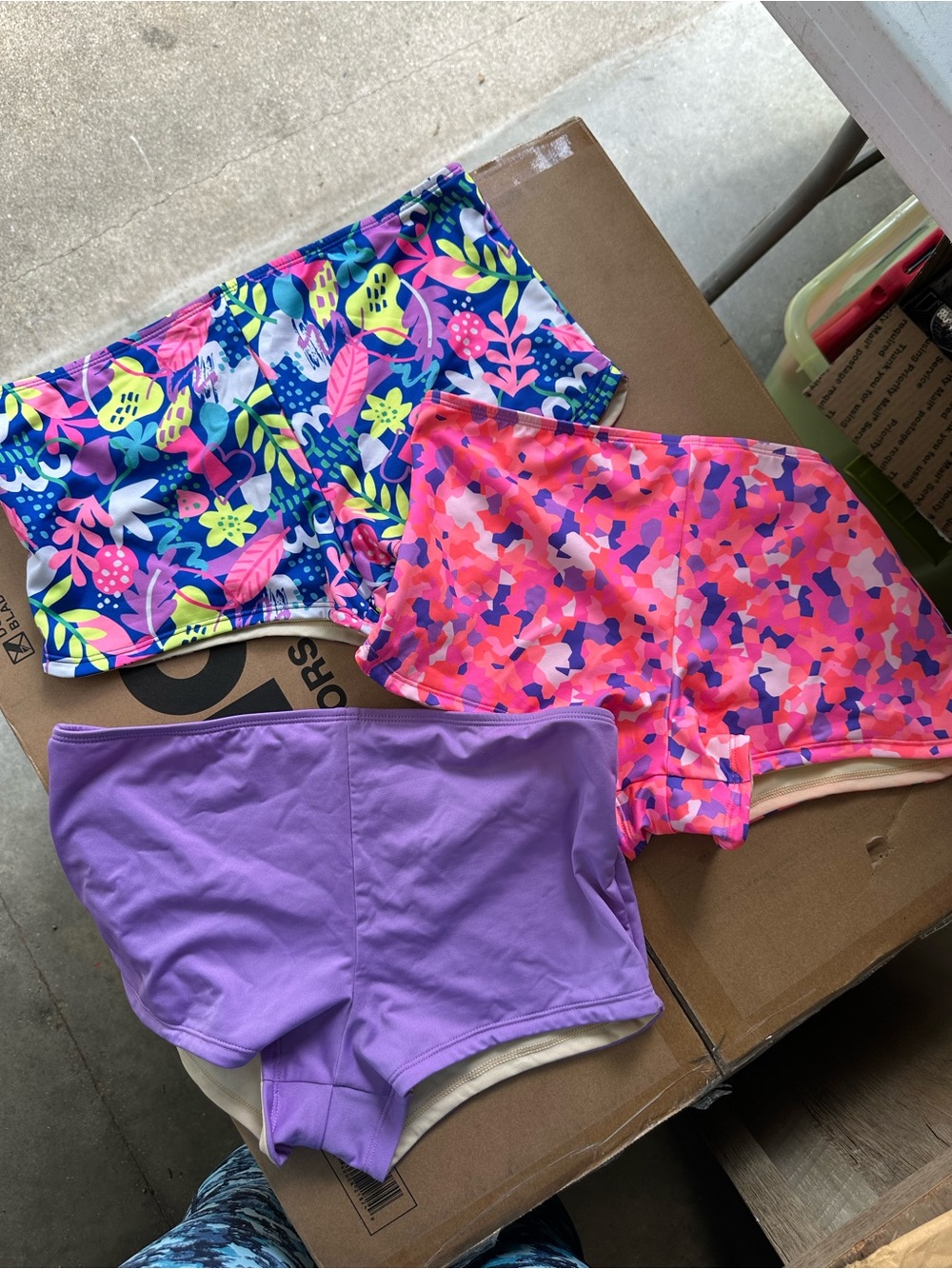 3-Pack Girls Swim Shorts — Purple, Neon Floral, Pink Camo